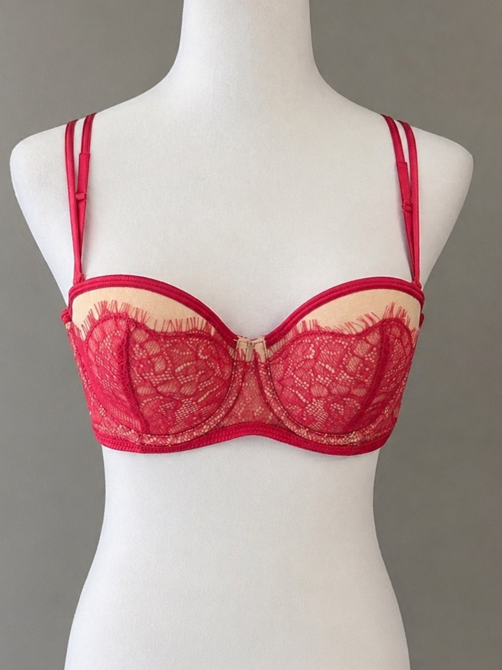 Blush Lingerie Strappy Lace Balconette Bra 32B Red Nude Sexy